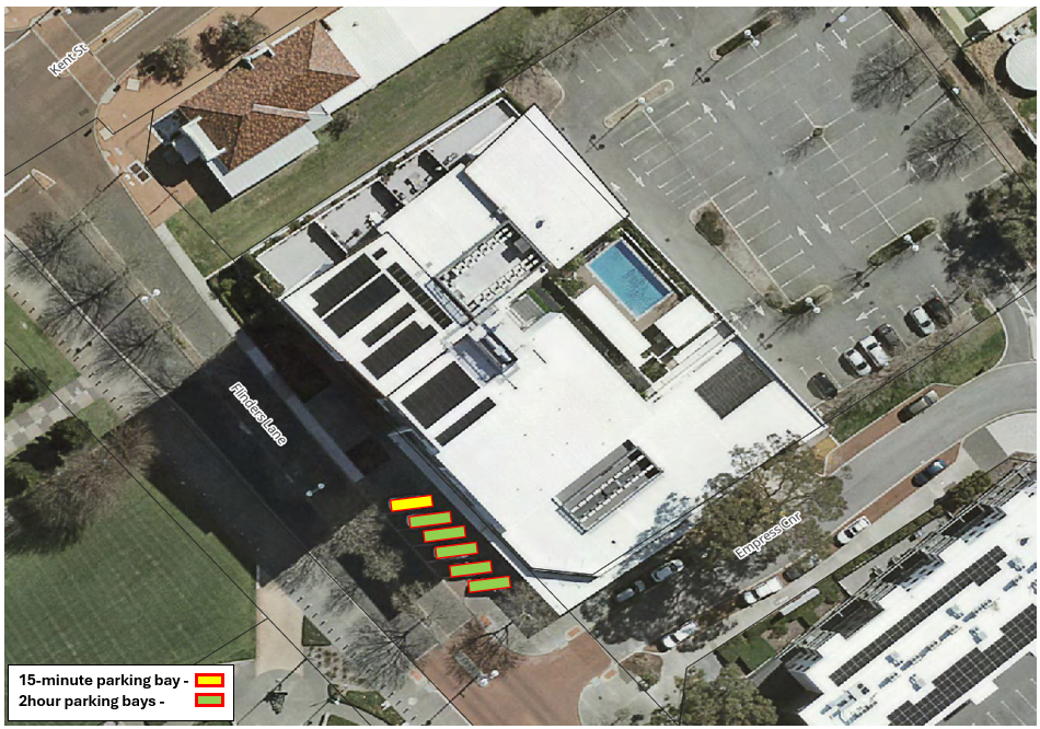 Map of proposed parking bays on Flinders lane Rockingham, including one 15 minute bay at the foreshore end of the Azure apartments and five two hours bays next to it. 